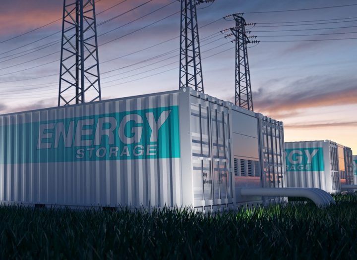 Renewable energy storage. Containers with high tension towers.