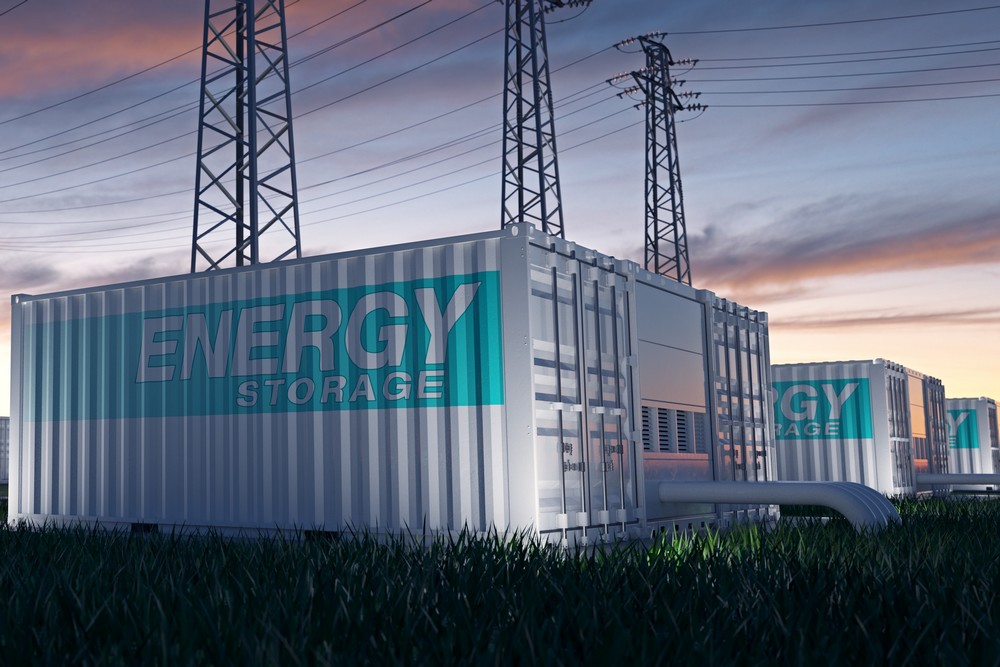 Renewable energy storage. Containers with high tension towers.